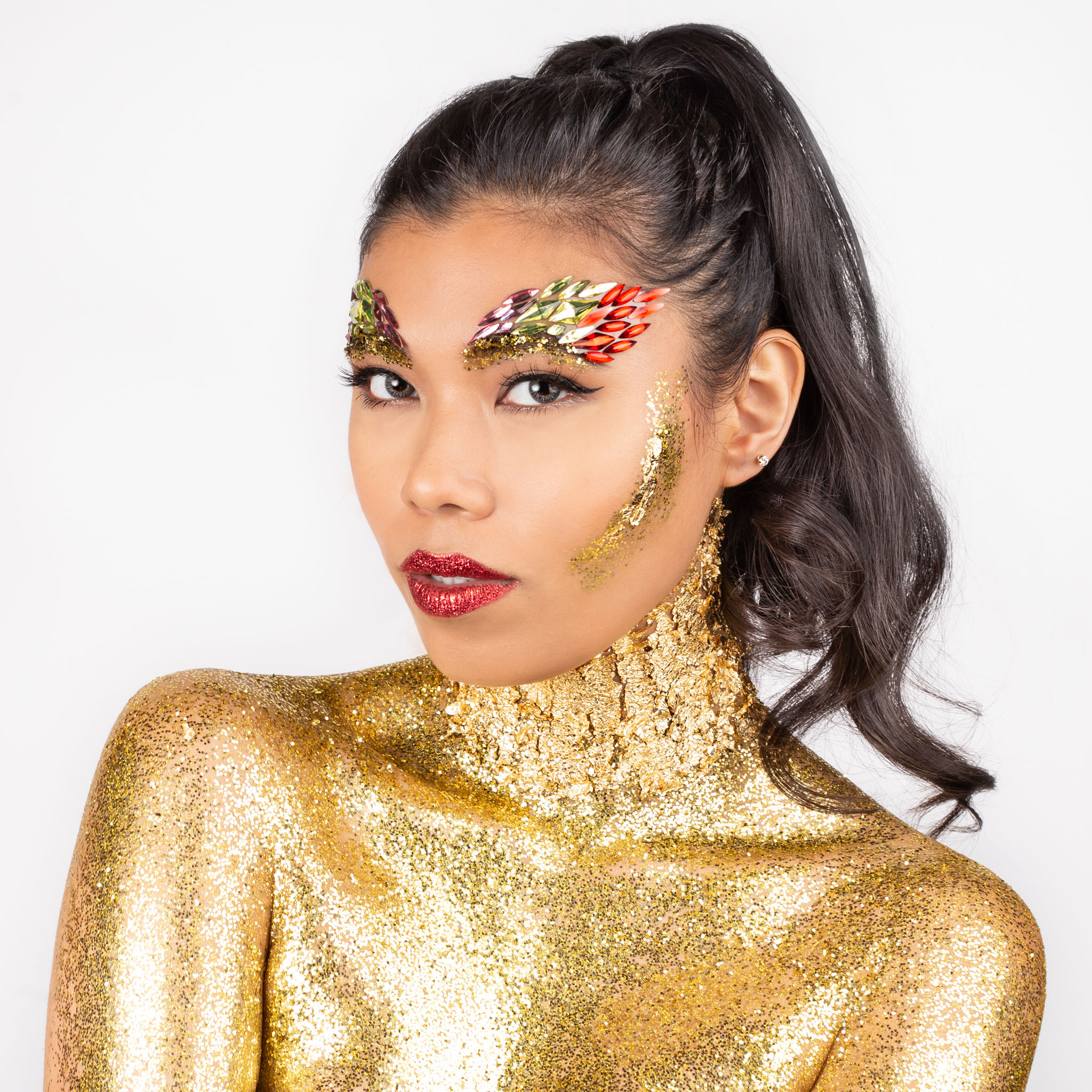 Glitter Bodypaint with Gold Flake and Gem Stones 